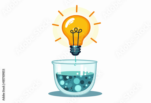 Illustration of a glowing light bulb symbolically illuminating innovative ideas above a glass filled with water and bubbles in a conceptual exploration of creativity