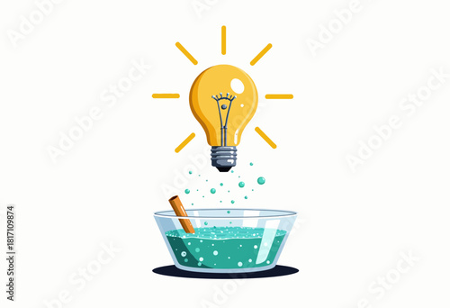 Illuminated Knowledge: A Lightbulb Floating Above a Glass Bowl Filled with Bubbly Turquoise Liquid and a Cinnamon Stick Inferring Creativity and Innovation Concepts
