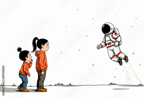 Curious Children Observe a Floating Astronaut in Space-Themed Illustration with Minimalist Background