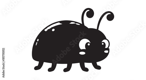 Playful black cartoon ant illustration with rounded body and curious eyes.