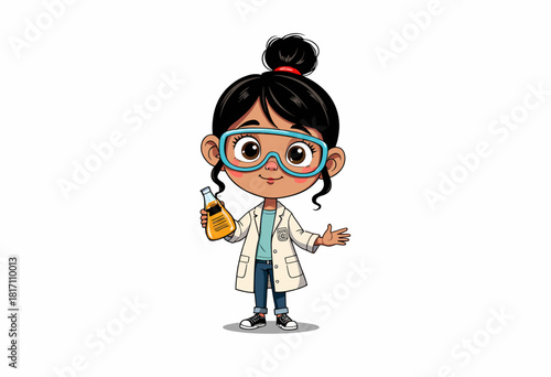 Illustration of a Young Scientist Girl Holding a Flask with Protective Glasses in a Laboratory Setting
