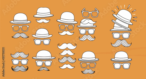 Collection of various hats and mustaches in a playful and stylized illustration
