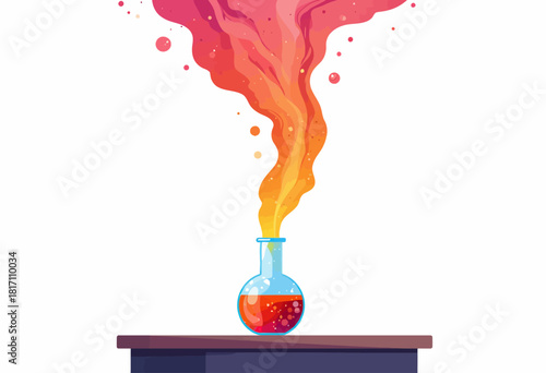 Vibrant Chemistry Experiment with Multicolored Smoke Emanating from Flask on Laboratory Table Illustrating Scientific Discovery and Creative Exploration