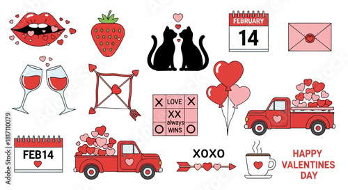 Valentines day celebration with red hearts, flowers, chocolates, and romantic symbols on