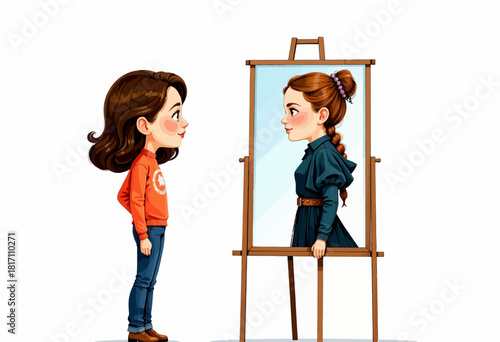 Young Girl Looks Into Mirror and Sees Different Reflection in Artistic Surreal Illustration Expressing Imagination and Self-Discovery with Unique Conceptual Design
