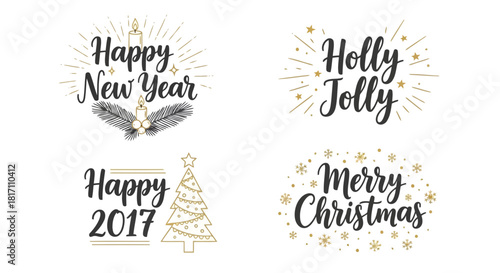 Four festive holiday greeting cards with elegant typography and decorative elements for new year, christmas, and holly jolly