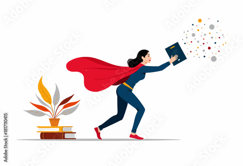 A Creative Woman in a Red Cape Leaps While Holding a Magic Book with Colorful Illustrations Emerging, Symbolizing Knowledge and Imagination