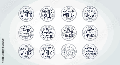 Set of twelve circular stamps with winterthemed phrases and illustrations on