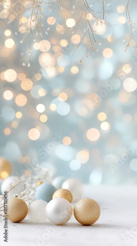 Elegant holiday decor with gold and blue ornaments against a bokeh background
