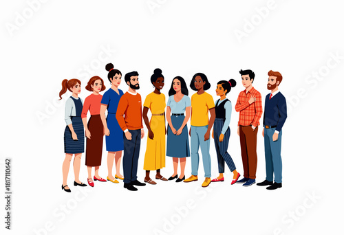 Diverse group of animated people standing together in casual attire, representing a mix of cultures and backgrounds in a harmonious and collaborative atmosphere.