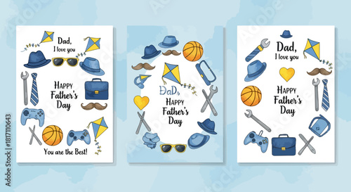 Fathers day card with blue and yellow design featuring tools, sports items, and heart symbols