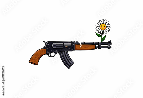 Illustration of a Rifle with a Flower on the Barrel Symbolizing a Juxtaposition of Weaponry and Peace