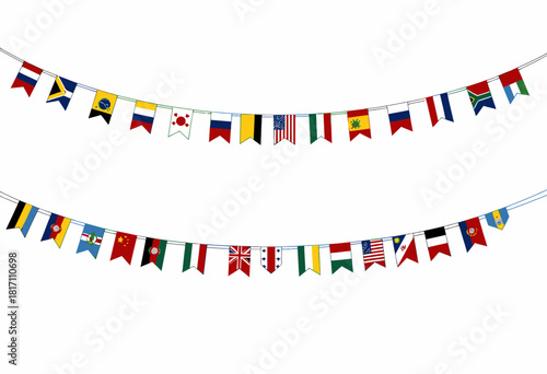 International Flags Bunting Featuring Diverse Global Nations Displayed on Two Levels of Hanging Decorative String