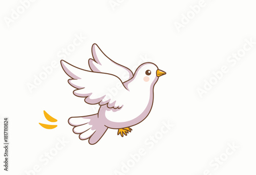 Illustration of a cartoon white dove in flight with wings spread against a simple white background, symbolizing peace, freedom, and purity