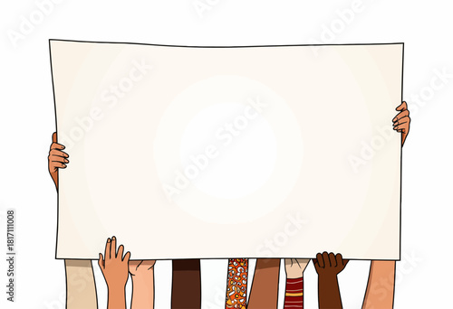 Diverse Hands Collaboratively Holding a Blank Canvas Symbolizing Unity and Creative Potential with Space for Customized Messages or Artwork