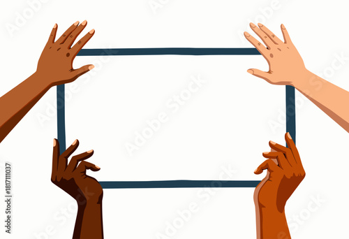 Diverse Hands Collaboratively Holding a Blank Rectangular Canvas Against a Plain Background, Emphasizing Unity and Creative Potential