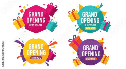 Grand opening celebration with colorful banners, shopping bags, and ribbons, perfect for advertising new store launch