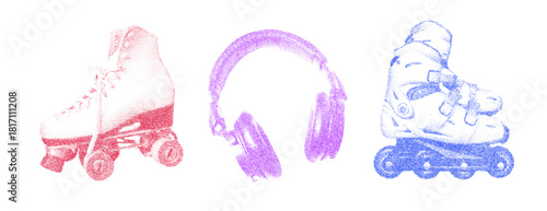 Risograph Print with Photocopy Effect Featuring a Roller Skates and Headphones