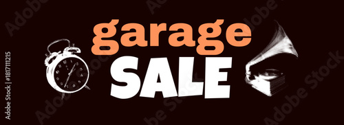 Vintage Garage Sale Vector Illustration with Halftone Effect Featuring Retro Objects