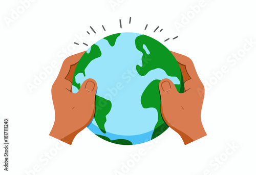 Illustration of hands gently holding a vibrant blue and green Earth, emphasizing the importance of global unity, environmental care, and sustainable practices