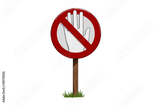 Illustration of Red Prohibition Sign Featuring a Raised Hand Indicating a Warning or Restriction on White Background with Grass at Base