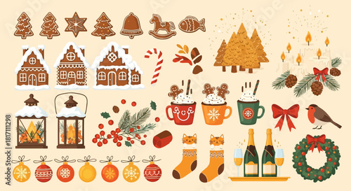 Christmasthemed illustration featuring festive houses, decorations, gifts, and cozy winter elements