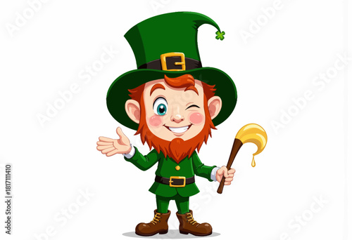Cheerful Cartoon Leprechaun Winking and Holding a Glowing Magical Staff with a Shamrock Hat and Red Beard