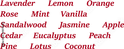 Popular natural fragrances, names in a beautiful font, text on a transparent background