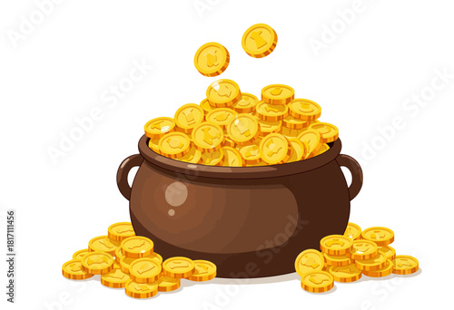 Overflowing Pot of Gold Coins with Cascading Wealth Symbolizing Fortune, Prosperity, and Abundance in a Rich Gold Theme on White Background