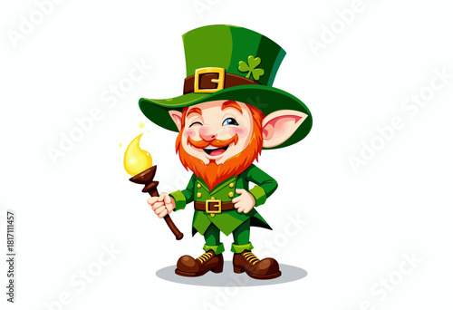 Cheerful Leprechaun with Red Beard in Traditional Green Attire Holding a Magical Wand with a Glowing Orb and Displaying a Playful Wink on a White Background