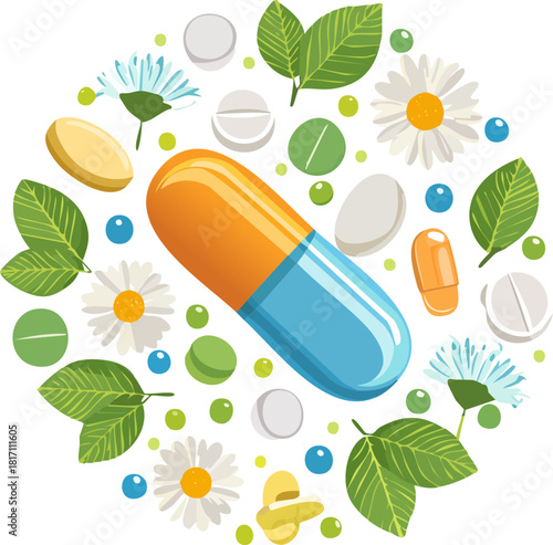 seamless background with pills,ilaç ve bitkiler