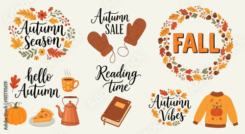 Fall and autumn season illustrations with pumpkins, books, scarves, and wreaths for autumn sale and reading time