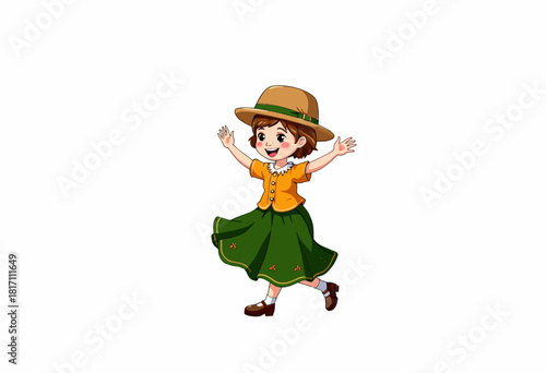 Joyful Illustration of a Young Girl in Traditional Costume Dancing Happily with Arms Outstretched Wearing a Wide-Brimmed Hat and Green Skirt