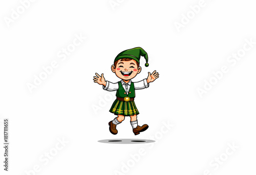 Cheerful Cartoon Character in Traditional Green Attire with Plaid Skirt and Pointed Hat Leaping Joyfully on a White Background