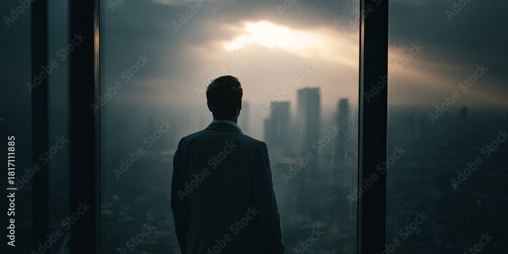 Fototapeta premium A clean, dramatic, moody shot of a single professional looking out a high-rise window at a city skyline (soft backlighting), deep in strategic contemplation, vision, stra