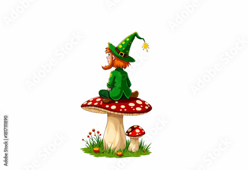 Whimsical Fairy Tale Scene with a Young Elf Sitting on a Giant Mushroom Surrounded by Enchanted Forest Elements on a Bright Clear Day