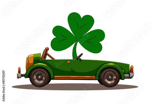 Vintage green convertible car with a prominent shamrock leaf symbolizing Irish culture and tradition, illustrating themes of luck and charm in illustration style