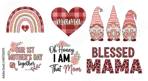 Mothers day card with heart, rainbow, gnomes, and text designs for celebrating moms and family bonds