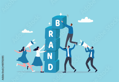 Build branding or brand awareness, marketing or advertising for company reputation, strategy to promote product or sales strategy concept, business people help building block with the word BRAND.