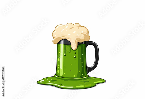 Overflowing Green Mug with Rich Foam and Drips Creating a Humorous and Whimsical Beverage Illustration