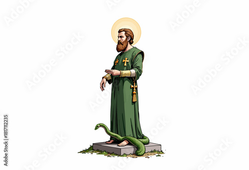 Illustration of a Historical Religious Figure with Snake on Stone Pedestal Symbolizing Spiritual Triumph Over Evil