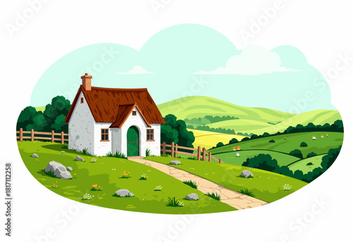 Charming Countryside Cottage with Red Roof Amidst Lush Green Hills and Pastures Under a Clear Blue Sky, Enclosed by a Rustic Wooden Fence and Stone Pathway