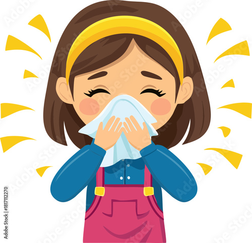 sick girl blowing her nose