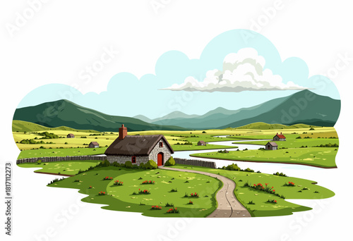 Charming Countryside Illustration Showcasing a Quaint Cottage Surrounded by Lush Green Hills, Serene River, and Abundant Wildflowers Under a Blue Sky