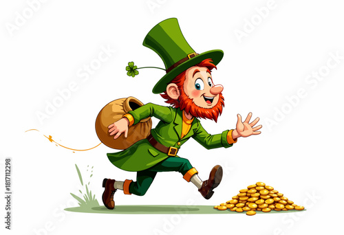 A cheerful leprechaun in a green outfit gleefully running towards a pile of gold coins with a full sack over his shoulder on a bright white background