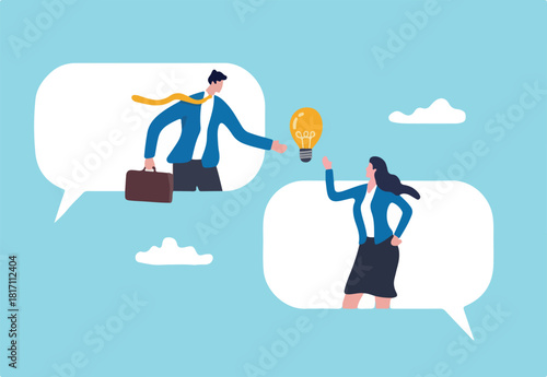 Business communication, work discussion or conversation to gathering new idea concept, business people, colleague standing on speech bubble talking about new ideas.