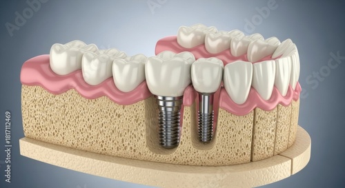 Dental Implant Anatomy: A detailed medical illustration showcasing the intricacies of dental implants, including the implant screw, abutment, and crown.