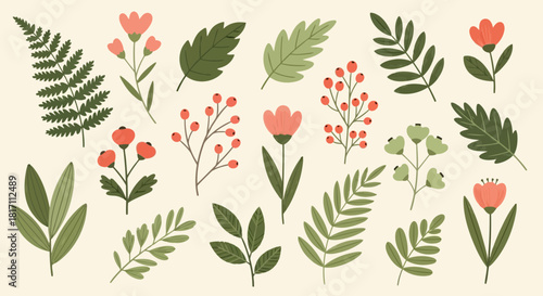 A collection of colorful flowers and leaves with various shapes and colors, including ferns, berries, and petals, isolated on