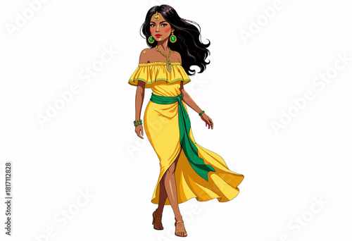 Elegant Illustration of a Fashionable Woman in a Vibrant Yellow Dress With Flowing Dark Hair and Green Accessories