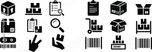 Warehouse logistics and shipping icons set featuring boxes, barcodes, clipboard checklists, inventory management, delivery symbols, storage racks, packaging and distribution vector illustration.
